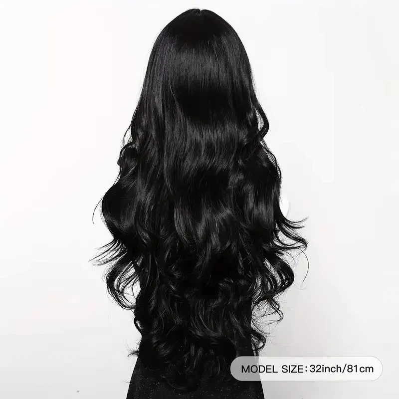 Black Synthetic Wig with Parted Long Wavy Hairstyle for Party, Halloween Cosplay, Everyday Use, High-Temperature Hair Accessory