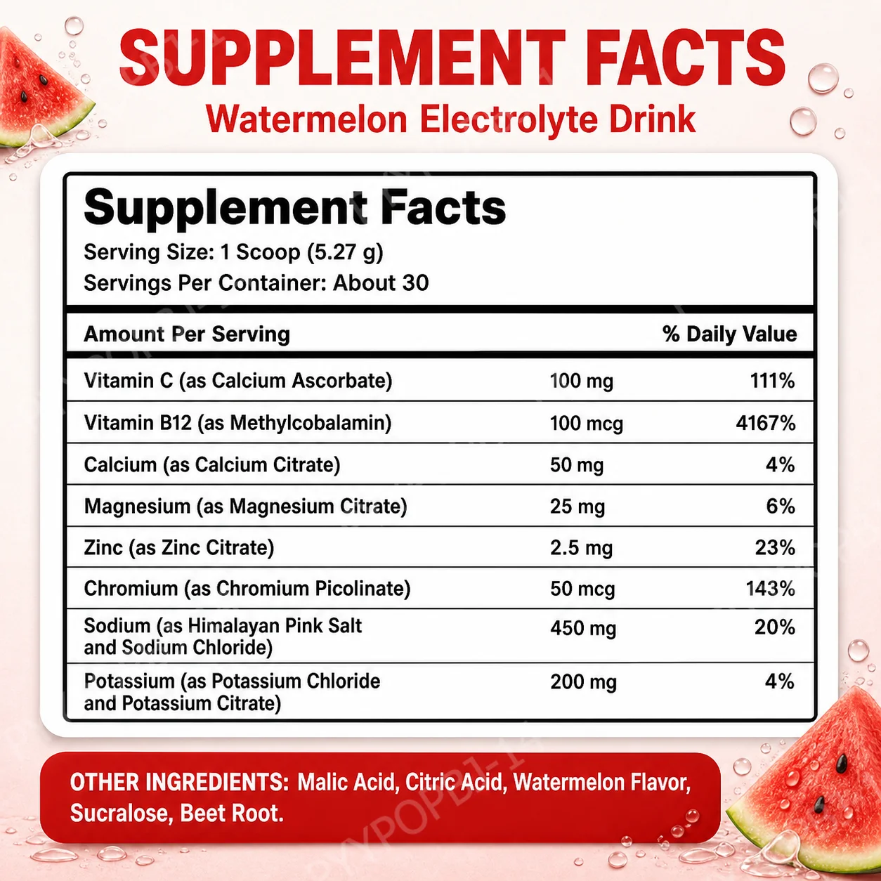 Watermelon Flavored Electrolyte Powder 30 Servings Daily Hydration Support with Sodium Potassium Magnesium Calcium & Vitamin C B