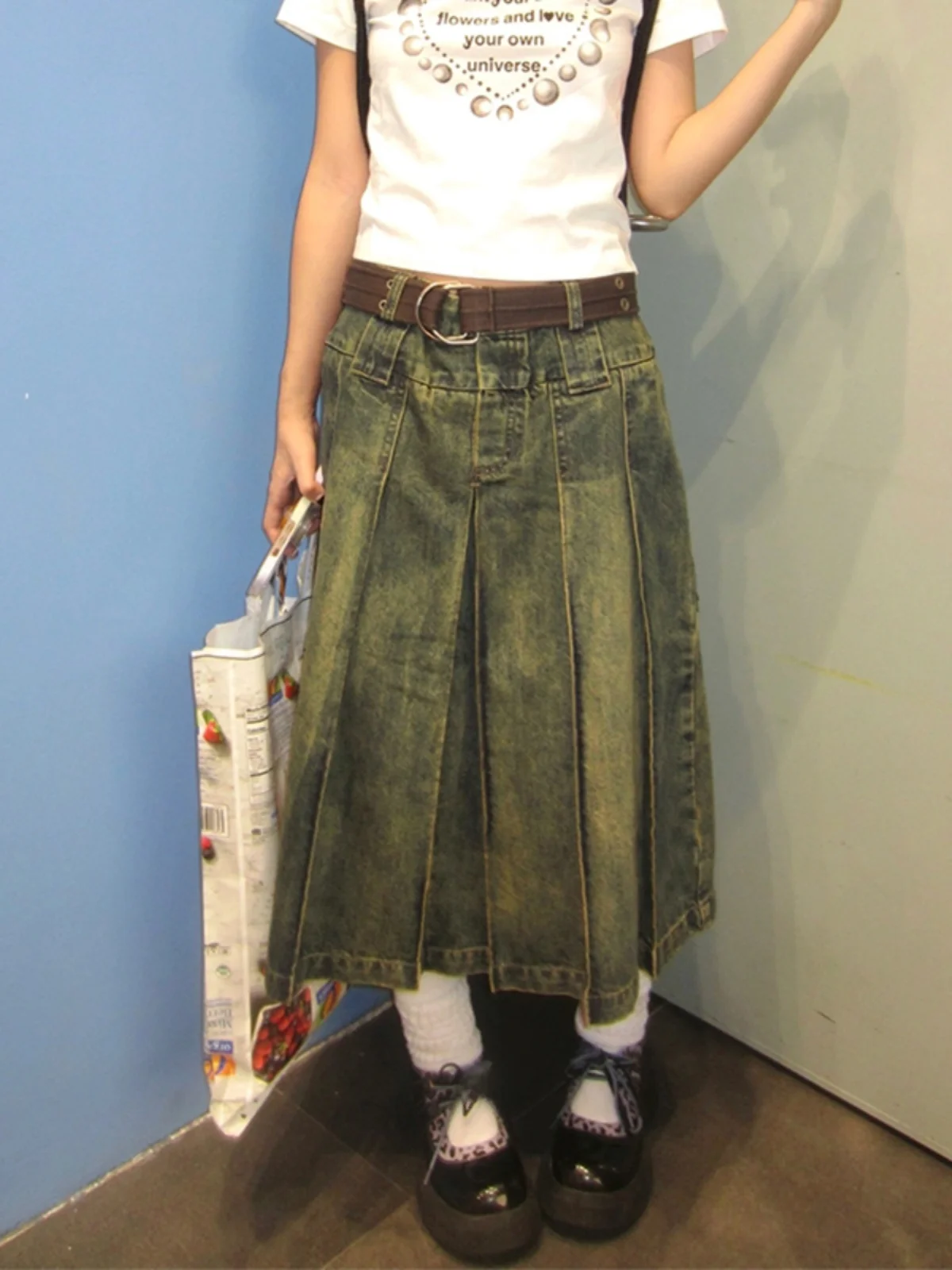 

Retro American Waed Punk Denim Skirt Women's Spring Autumn Midi Plaid Skirt Street Sle mid Waist Jeans Skirt