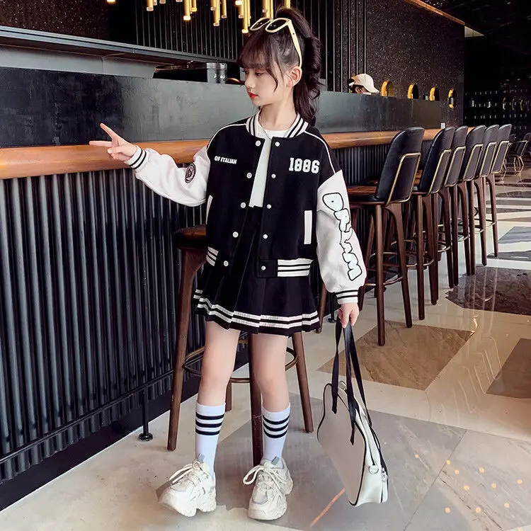 Junior Girls Baseball Suit Kid Spring and Autumn Fashion Splicing Letters Jacket Pleated Skirt 2 Pieces Student Set