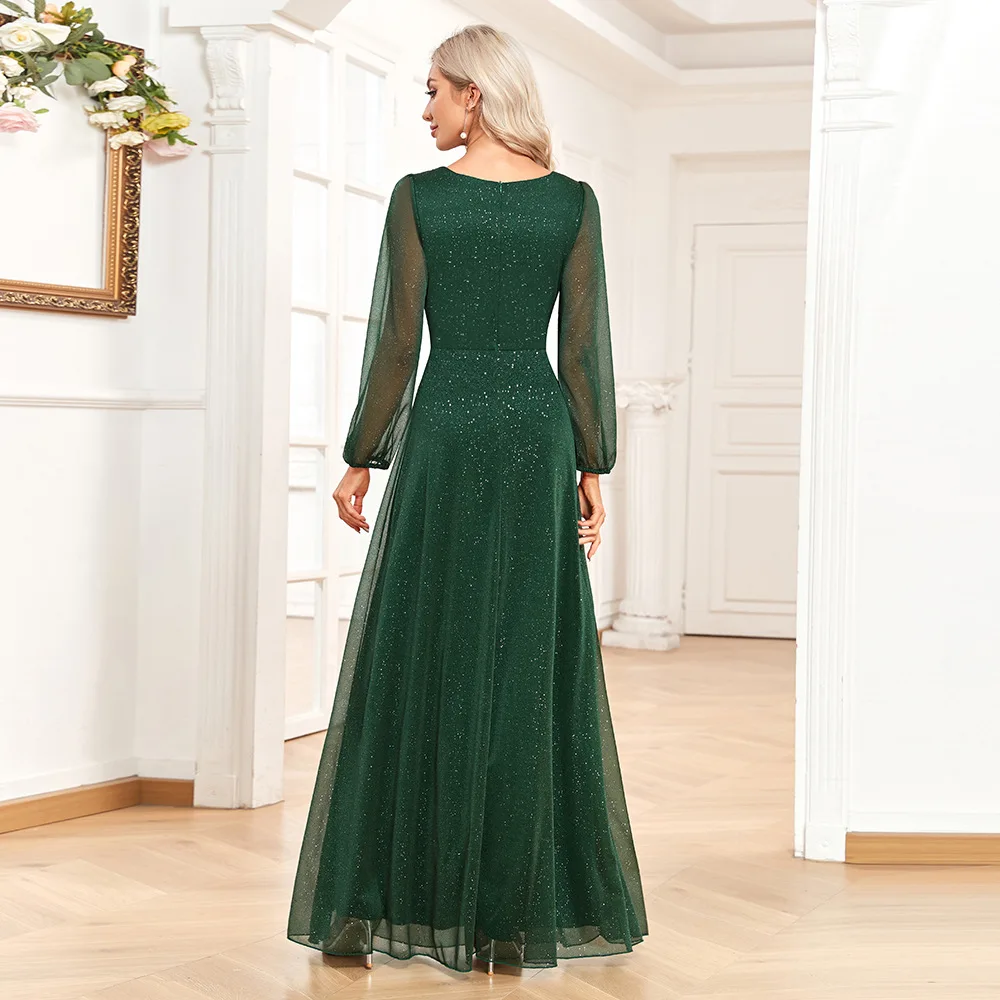 Bling dunkelgrün volle Ärmel Abendkleid eine Linie bodenlangen Tüll lange formelle Kleid für Frauen Party Monther von Brautkleid ern