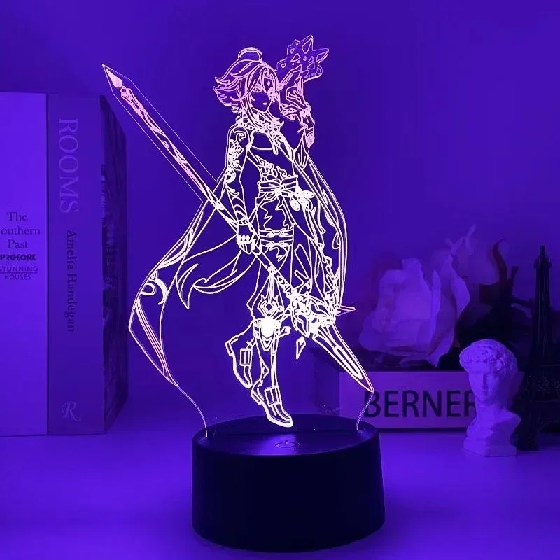 Action Figure Anime Game Genshin Impact Keqing Amber Klee 3D Model LED Night Light Manga Gifts For Children