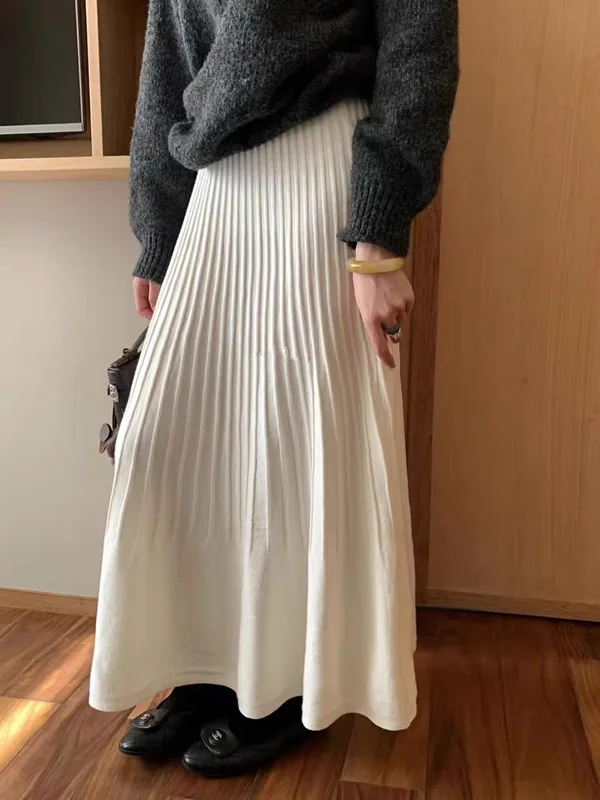 High-End Knitted Casual Women's Skirt A-Line Midi Skirt Slimming Early Autumn New Style Versatile Long Folded Half-length Skirt