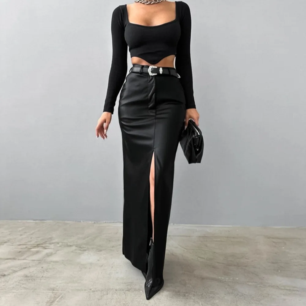 Women's Clothing Leather Design Split Fork Solid Color High Waist Simple Leather Slim Skirt for Women