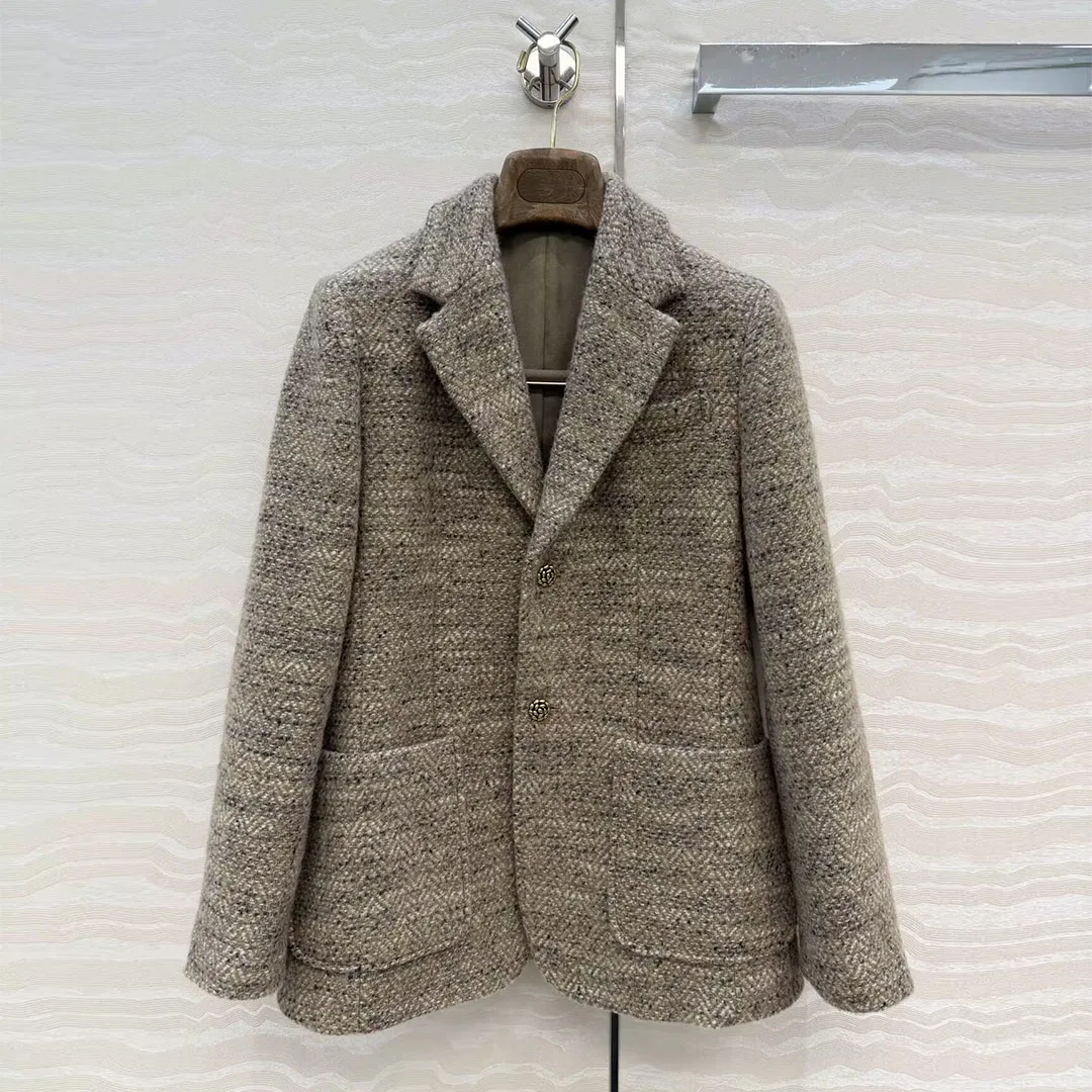 

Old Money Style New Winter Wool Blends Woven Blazer Suit Women Notched Long Sleeve Metal Button Office Lady Vintage Jacket