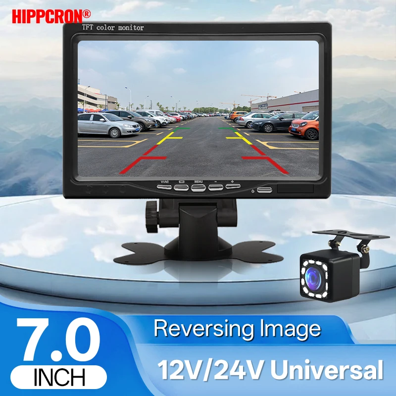 Hippcron 7-Zoll-Automonitor mit Rückfahrkamera, HD-Bildschirm, digitaler 2-Wege-Videoeingang, Rückspiegelbild, TFT-LCD-Parksystem