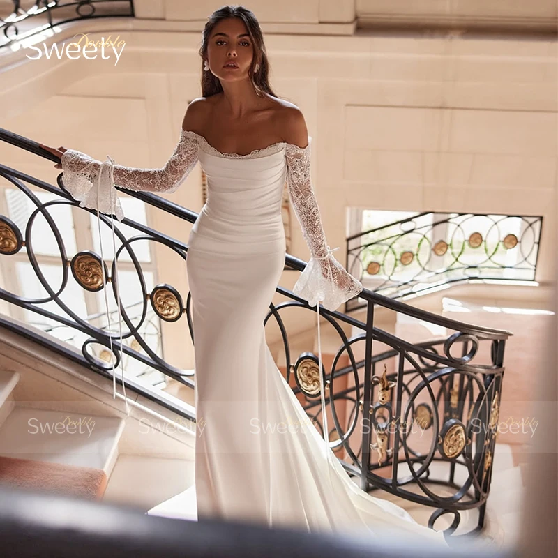 Suknia ślubna w stylu vintage satynowa z haftem suknia balowa o kroju syreny dekolt w łódkę pełna rękaw dostosowana suknia dla panny młodej Vestido De Novia zamek błyskawiczny