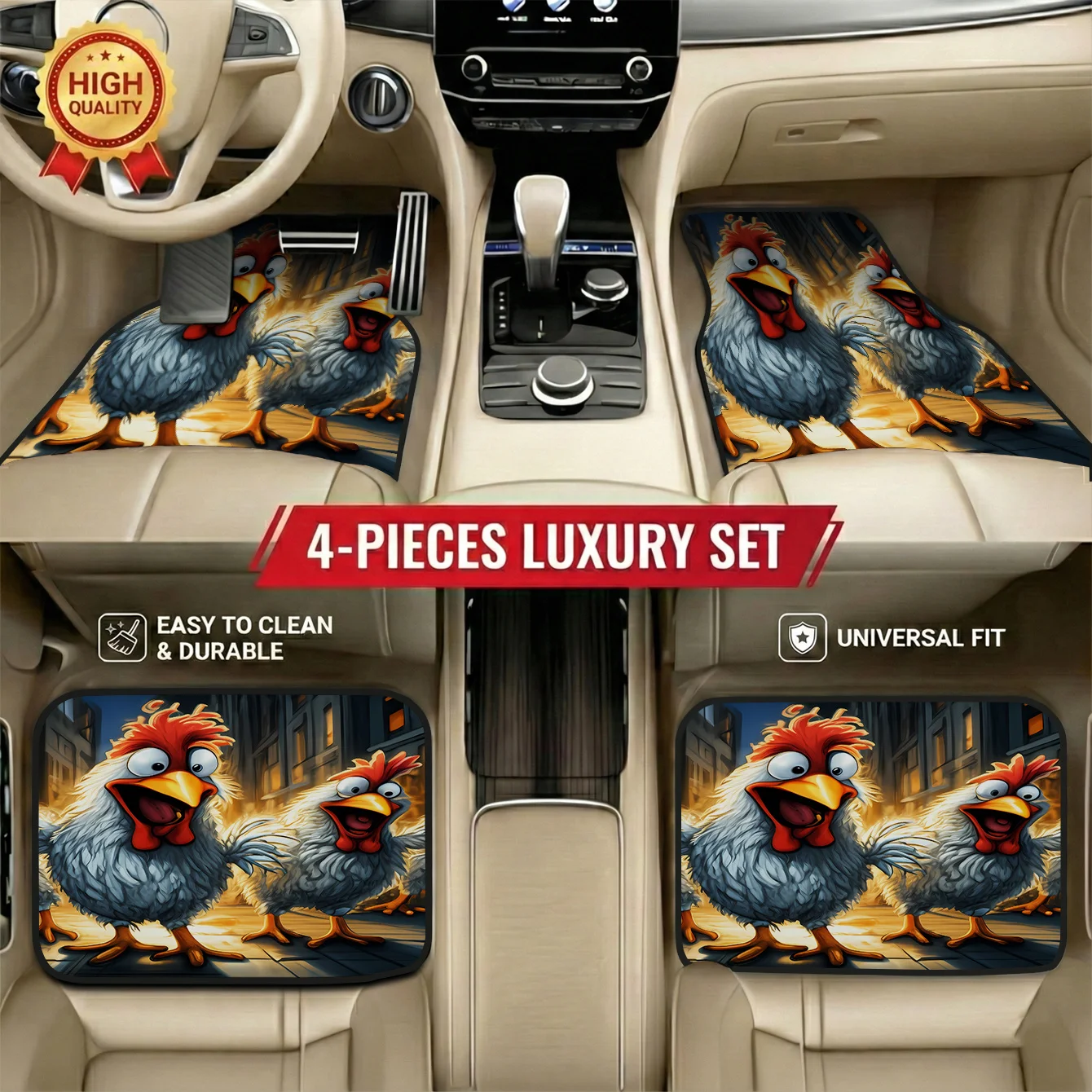 Set Of 4 Chicken Cartoon Design Car Mats | Perfect For Hatchbacks And Estate Cars, Easy Care & Maintenance, Stylish Interior Upg
