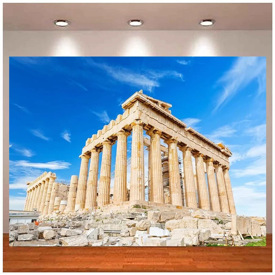 

Photography Backdrop Parthenon Temple Ancient Athens Acropolis Greece Landmark Columns Architecture Blue Sky Clouds Background