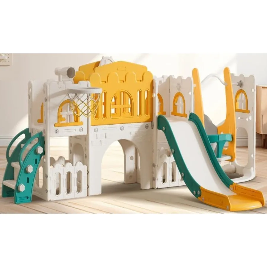 Tobogán 10 en 1 para niños pequeños, parque infantil interior y exterior para edades de 1 a 3 años con telescopio de aro de baloncesto, escalera de escalada, túnel para gatear