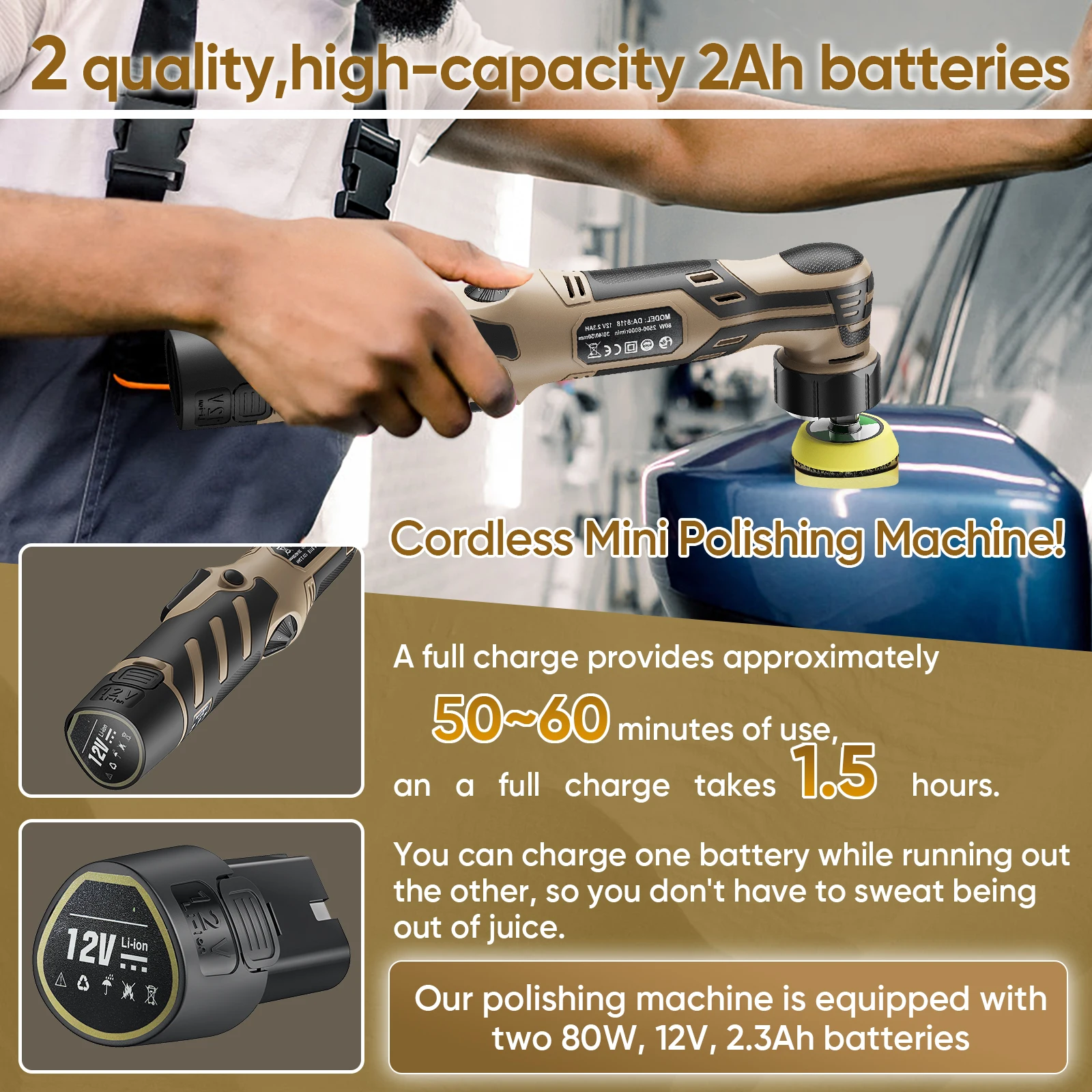 12V Kabelloser Mini-Autopolierer, 11-Gang Drahtlose Autopoliermaschine, 1/2/3 Zoll Polierpad-Set für Autowachs mit Batterie – Detail 5