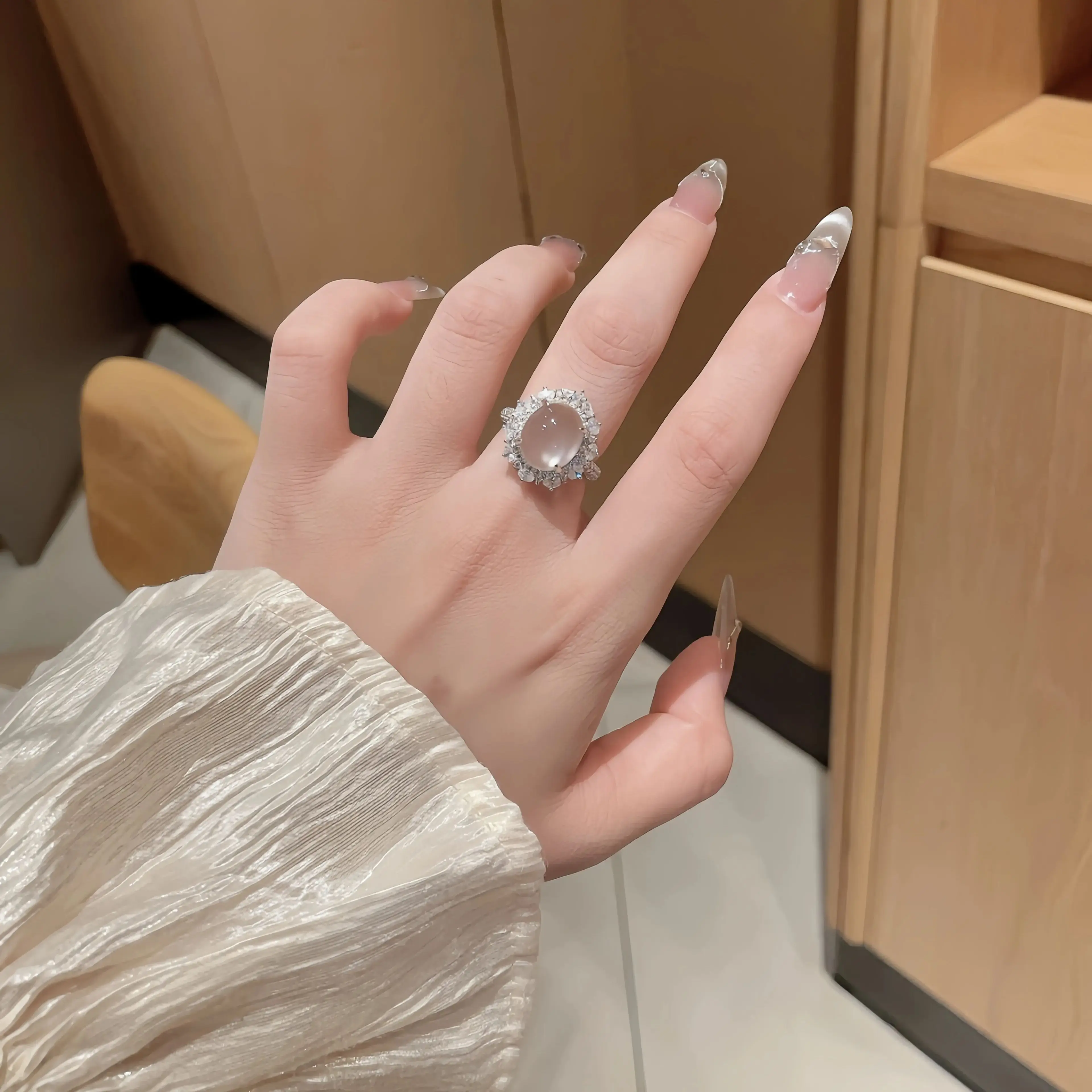 Wenxin marca feminina pombo ovo anel ag 925 prata esterlina certificado branco jade polpa diamante incrustado anel jóias finas