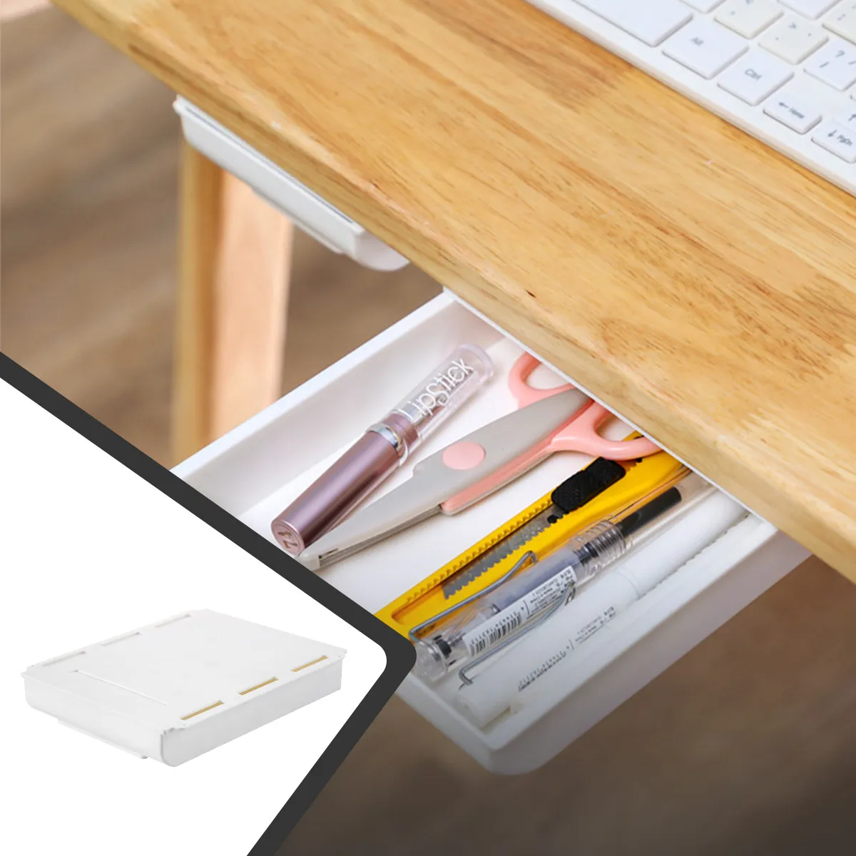 Under Desk Drawer Tray Hidden Desk Organizer Self-Adhesive Pencil Storage Box Space Saving Hidden Storage Drawer for Desktop