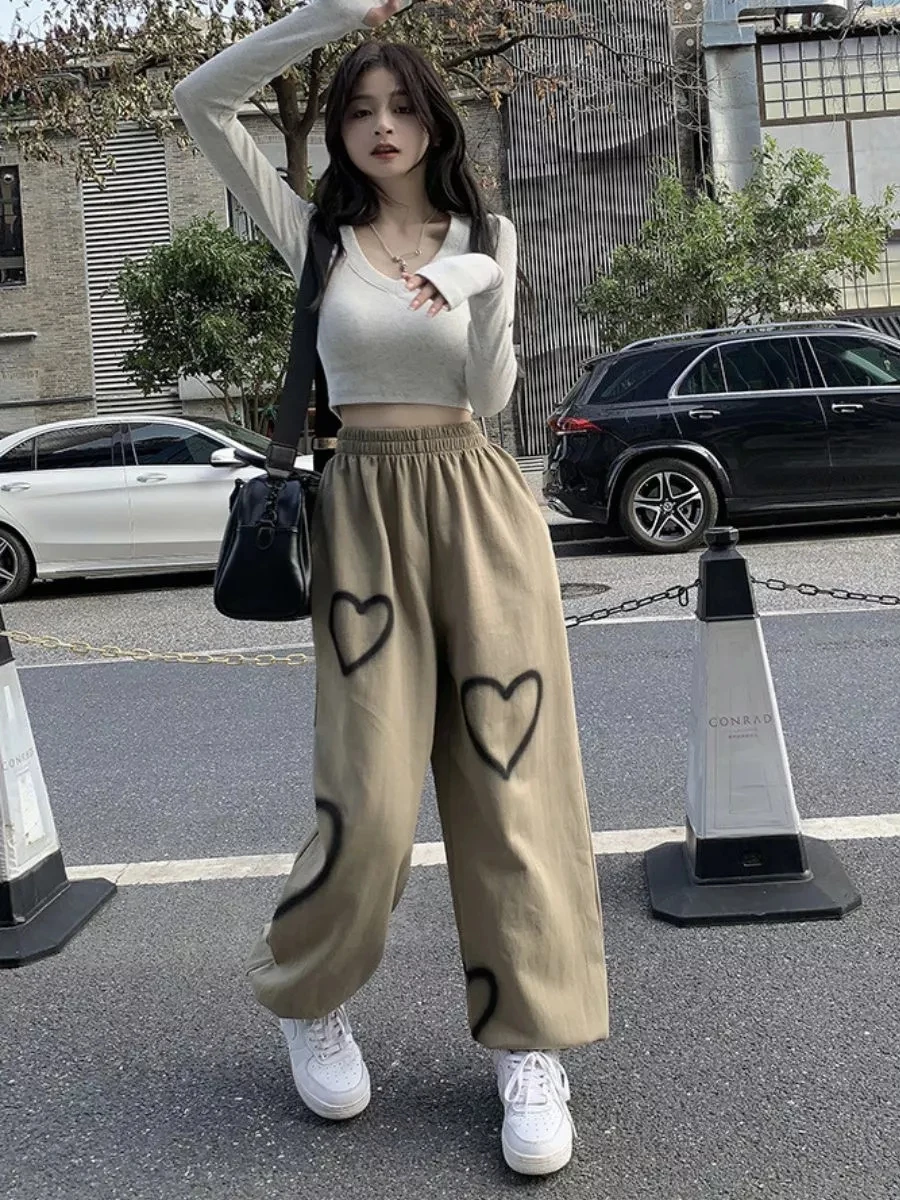 Women's Y2K Ankle Binding Sports Pants Wide Casual Pants Streetwear Sports Pants Heart-shaped Pattern Sports Pants