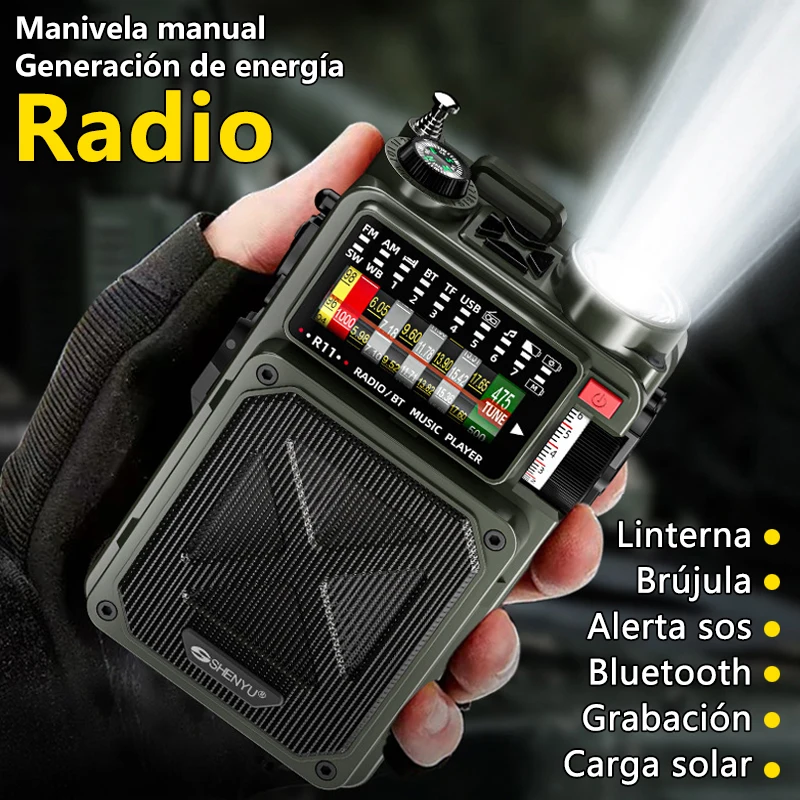 Dinamo de manivela de emergencia Solar para exteriores, portátil, Vintage, AM/FM/SW, Radio de banda completa BT5.0, Altavoz Bluetooth con linterna SOS