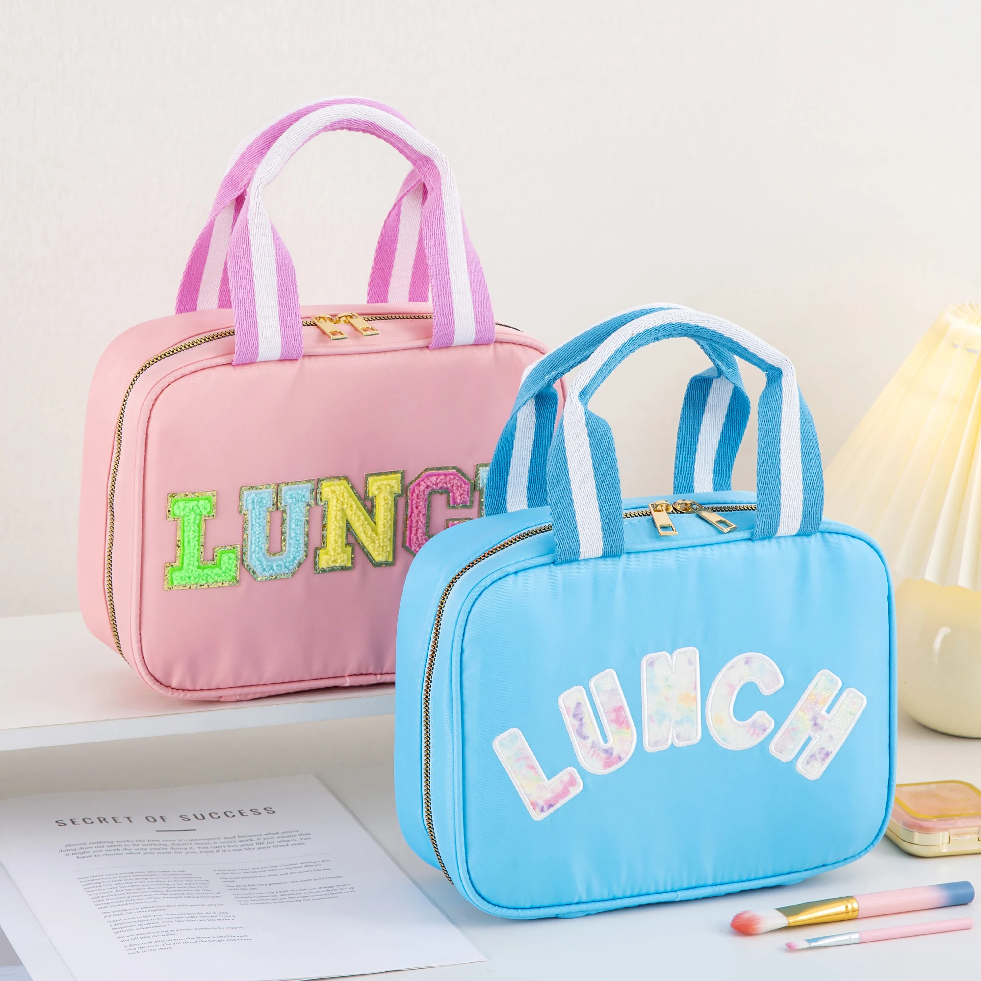 Girls Boys Preppy Cute Reusable Nylon Insulated Tote Lunch Box Cooler Bag with Chenille Letters for Office School Travel Picnic