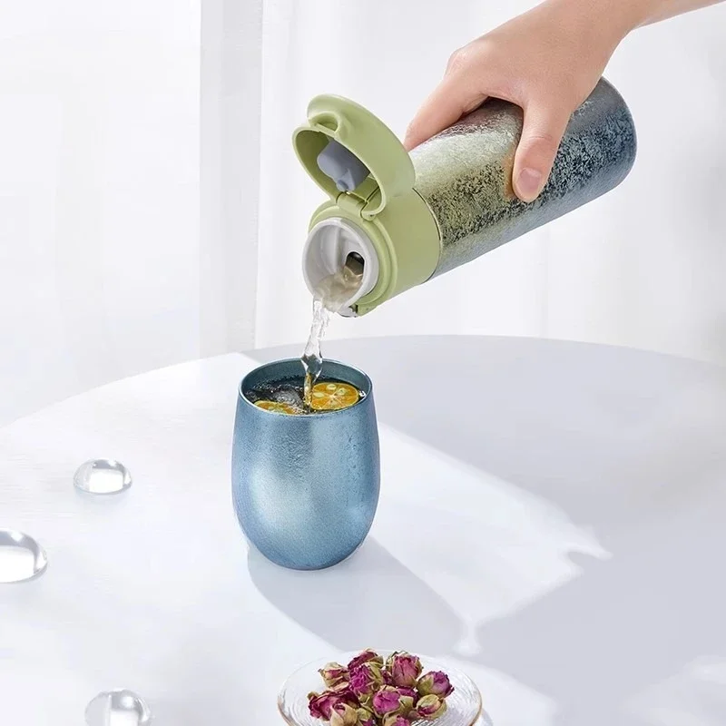 Pure titanium crystal color bullet cover thermos cup, large capacity, one-click open lid to drink water