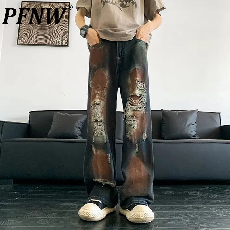 PFNW American Style Men's Jeans Vintage Worn-out Mud Dyeing Hole Wide Leg Male Contrast Color Straight Denim Pants 2024 12C1069