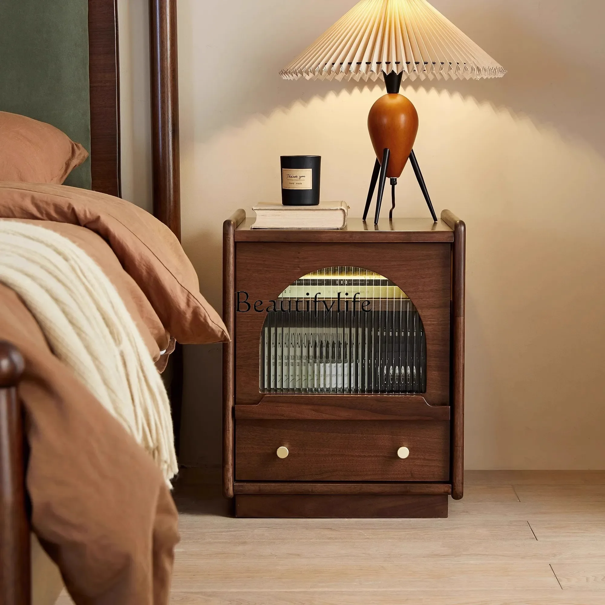 

FG10Nordic Solid Wood Bedside Cabinet Walnut Color Bedroom Storage Glass Small Cupboard with Drawers