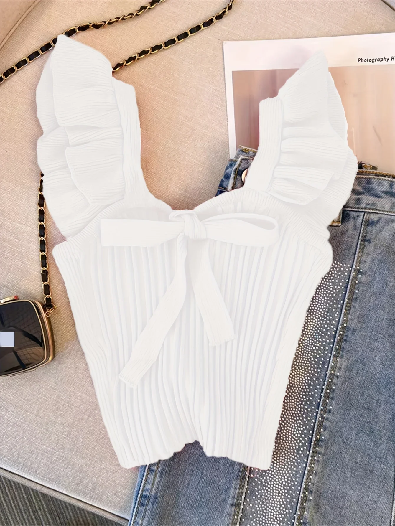 2024 Solid Color Tie Front Knitted Crop Top Chic Flutter Sleeve Slim Backless Top For Summer Women\'s Clothing  y2k top