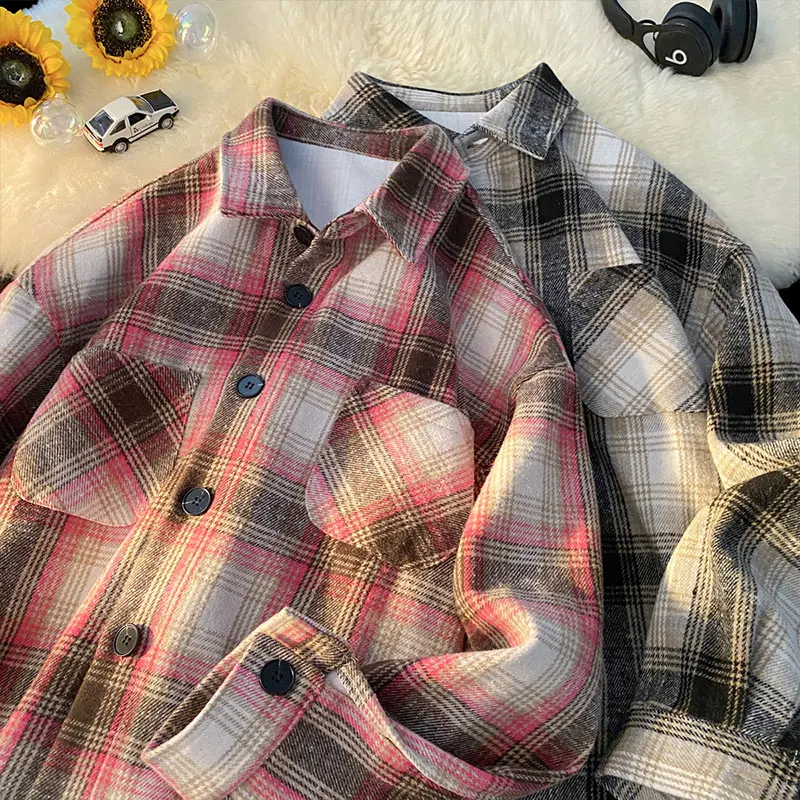 Japan and Korea Streetwear Long-sleeved Shirt 2024 Autumn Oversized Men\'s Casual Shirts Stylish Color Clash Plaid Shirt