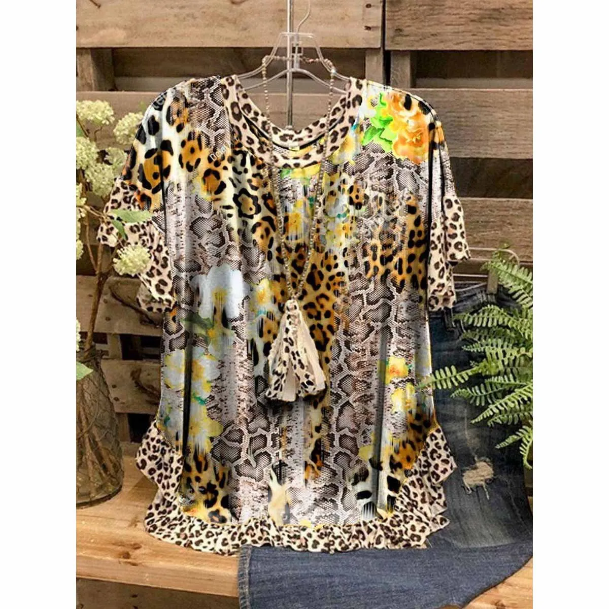 Women Tops 3D Sunflower Leopard Print Printed T-Shirts Ruffled O-Neck Short Sleeves Loose Casual T-Shirts Summer Streetwear