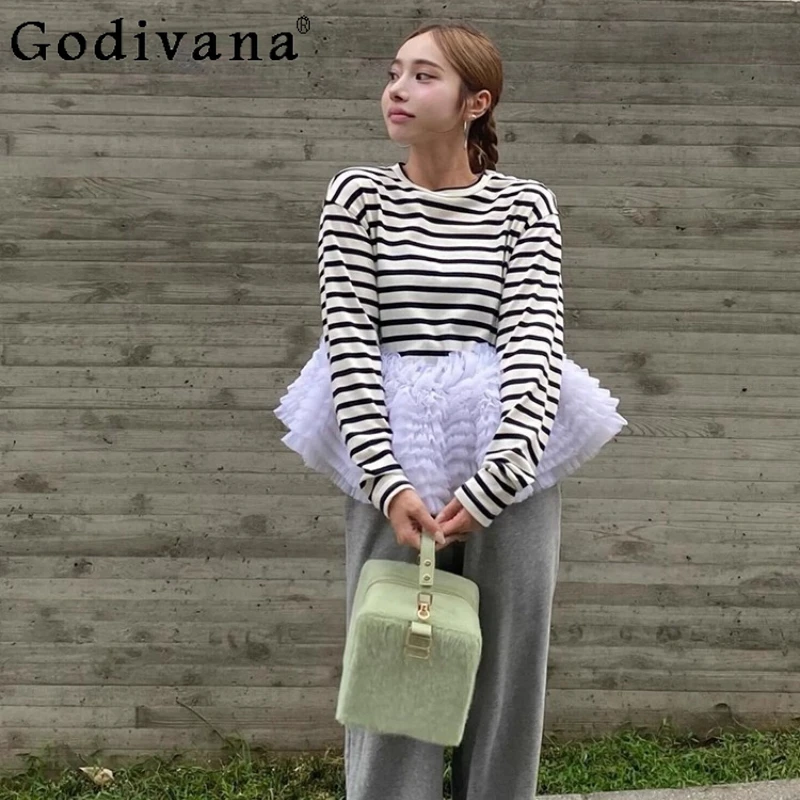 

Японский стиль, милая полосатая сетчатая лоскутная футболка с длинными рукавами, весна-осень для девочек и женщин, повседневные базовые повседневные хлопковые топы 2025