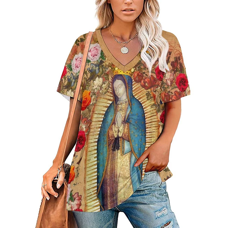 Summer Virgin Mary 3D Print T-shirts Retro Women V-Neck Casual T Shirt Y2k Top Harajuku Streetwear Oversized Tee Woman Clothing