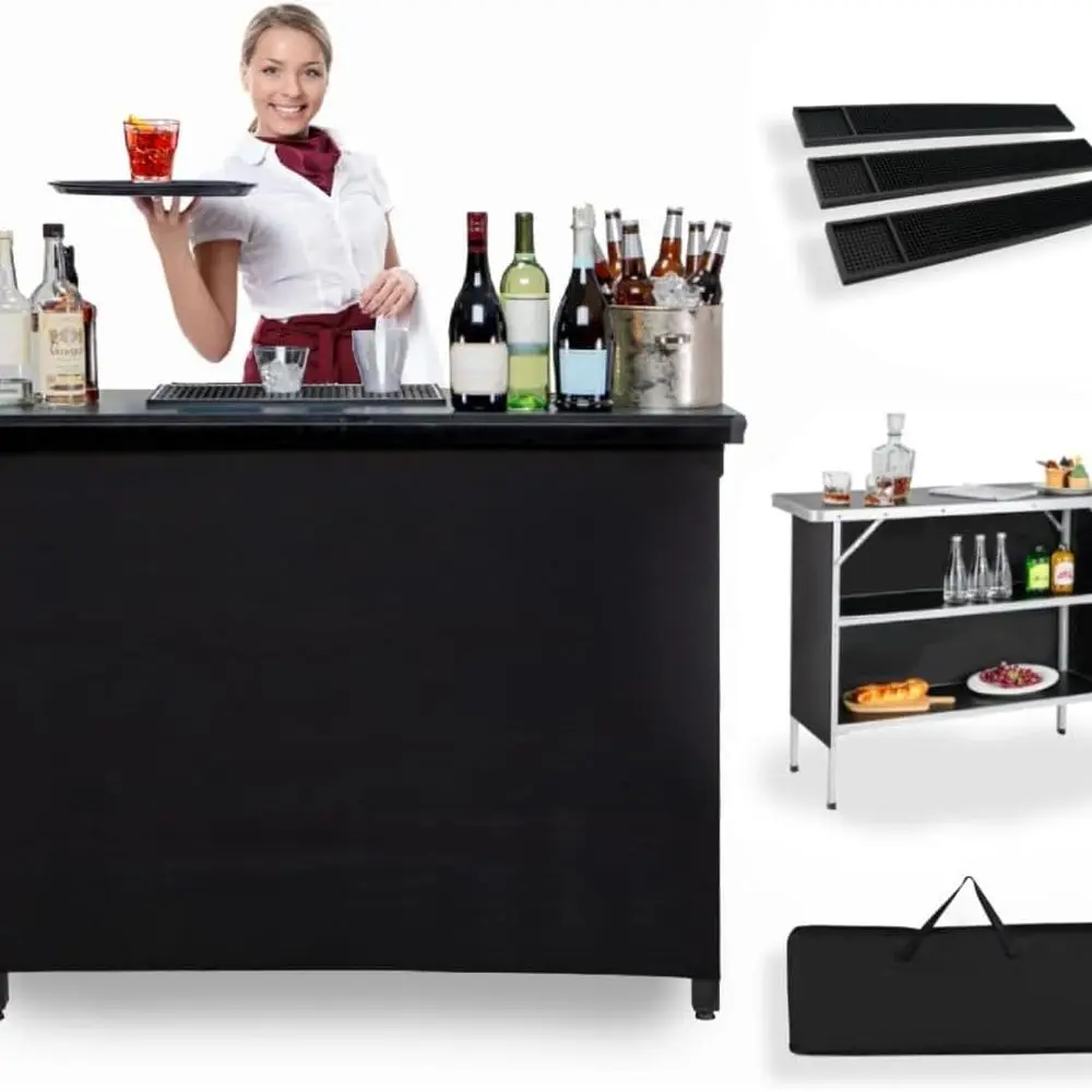 

Портативная уличная барная станция — дорожный складной стол с черной юбкой — автономная барменская стойка