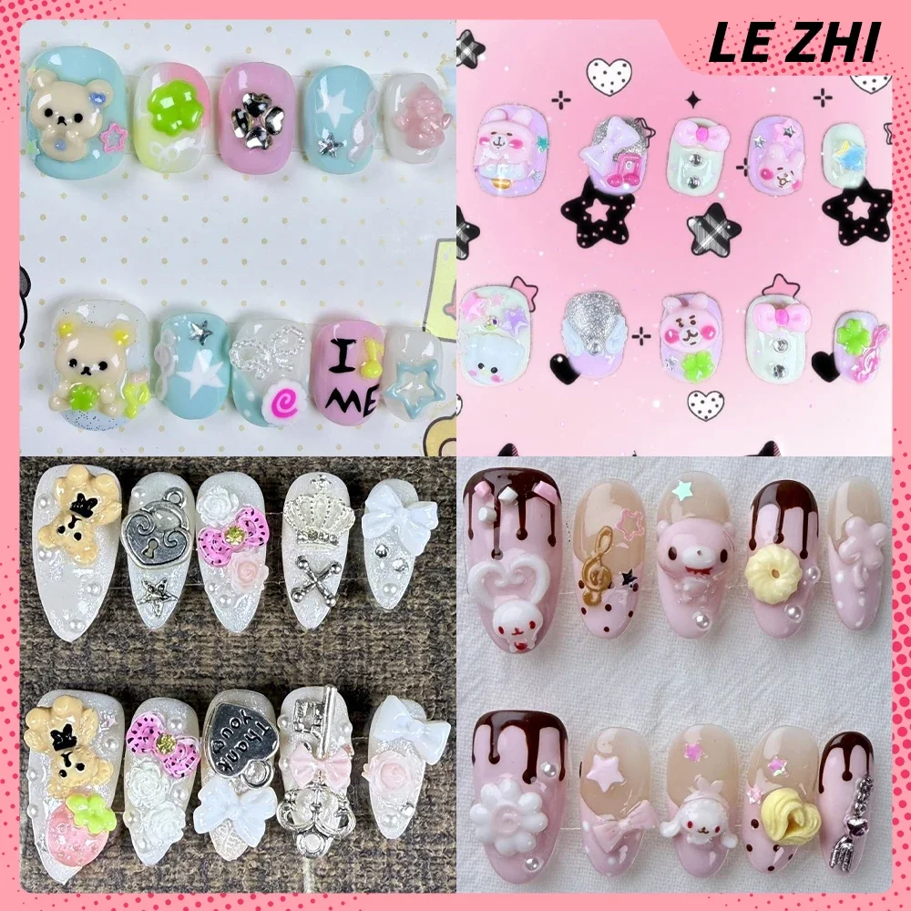 

10Pcs Anime Rilakkuma Handmade Short Square Almond Press On Nails Cartoon Cute Diamond Pearl Bow Flower Wings Full Cover Nails