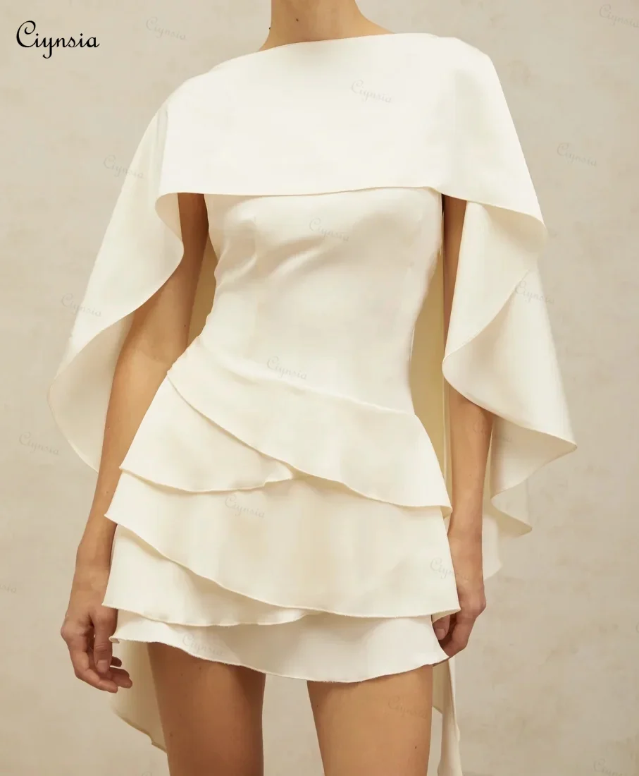 Ciynsia Customized White Evening Gowns Short Satin Ruffled Mini Prom Dress with Shawl Panel Detail Vestidos De Gala De Noche