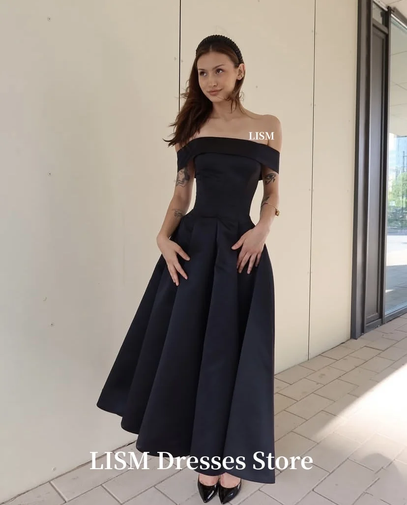 LIAM สีดําปิดไหล่ชุดราตรี A-Line ผ้าไหมซาติน Elegant Prom Dresses robe de soirée ปรับแต่งชุดปาร์ตี้อย่างเป็นทางการ