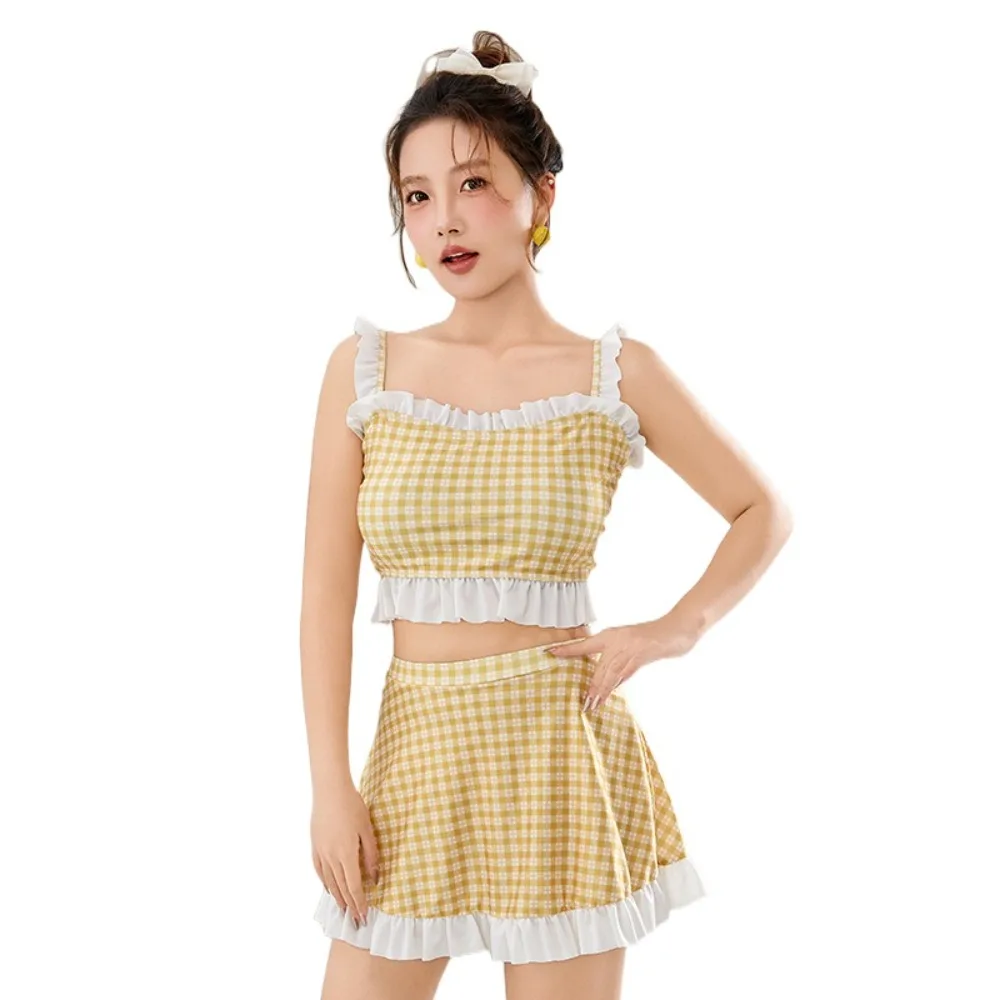 

Ruffled Edge Stripe Grid Swimsuit Suit Sweet Beachwear Skirt Bathing Suit Hot Spring Clothing Two Pieces Swimwear Bikini Set