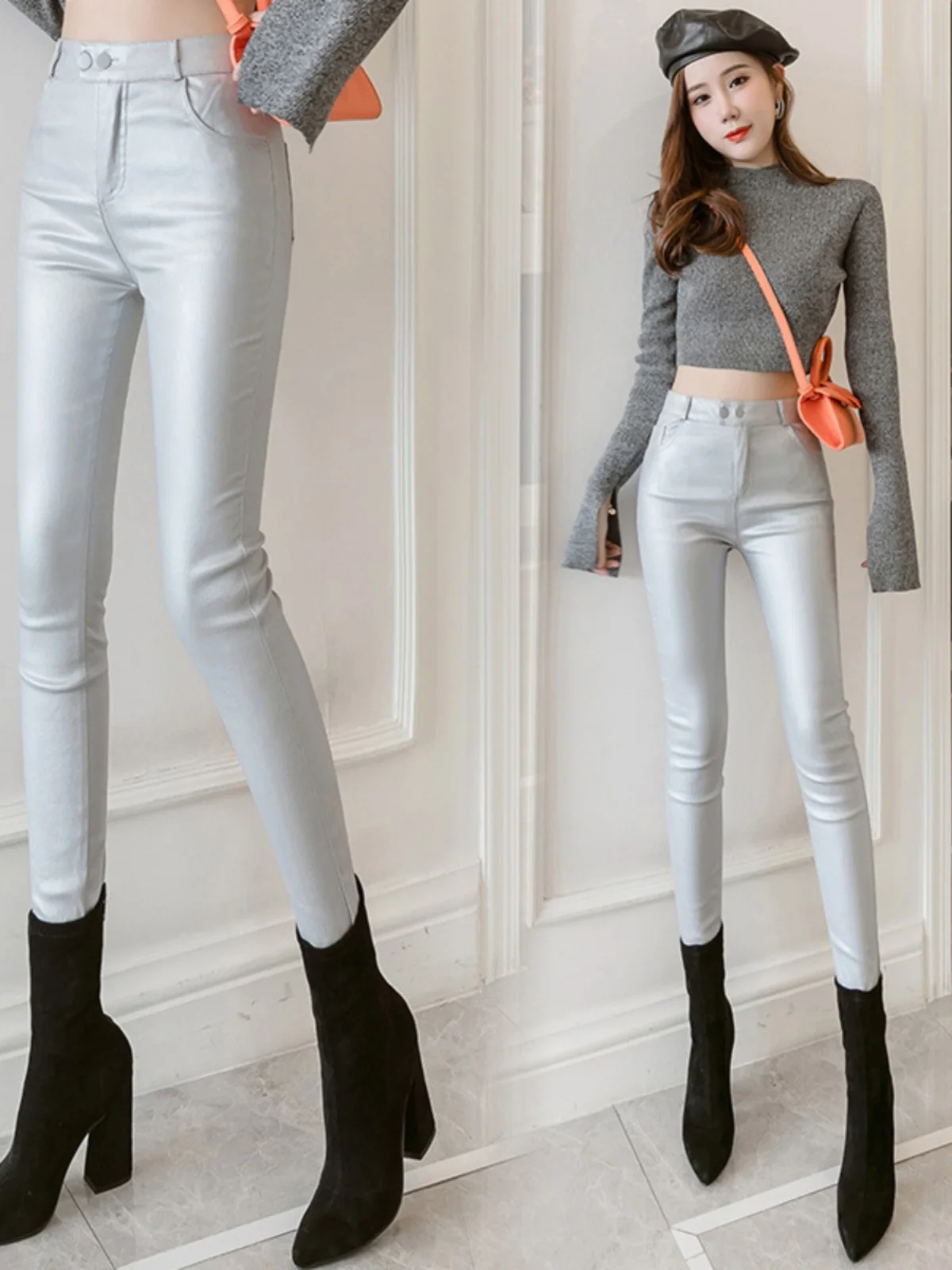 

Женские кожаные брюки на подкладке с высокой талией, облегающие длинные брюки Prure Bootcut, повседневные брюки из искусственной ткани с высокой талией