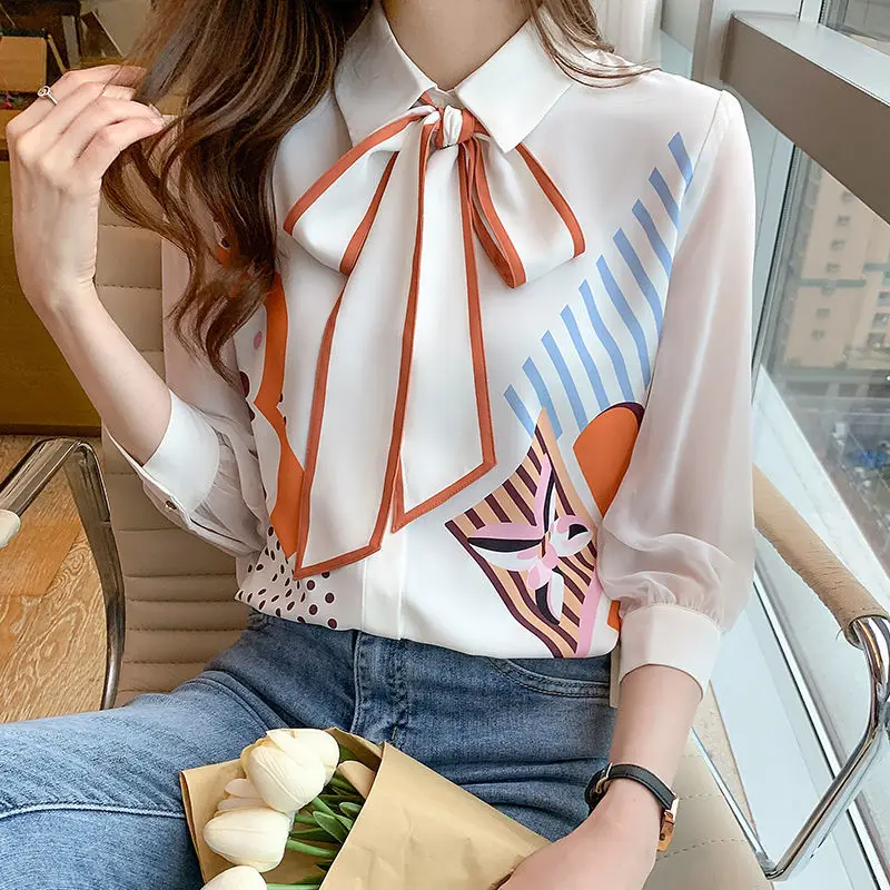 Elegant Lapel Printed Lace Up Bow Shirt Women\'s Clothing 20223Autumn New Loose Casual Tops All-match Office Lady Blouse