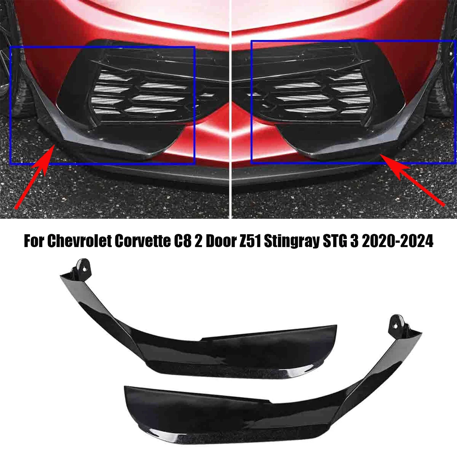 For Chevrolet Corvette C8 2 Door Z51 Stingray STG 3 2020-2024 Front Side Canards Dive Planes Trim Side Body Bumper Air Vent Fins