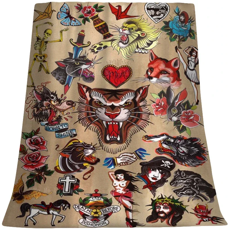 Американские традиционные татуировки Тигр Красивый сахарный череп и фланелевое одеяло с цветочным принтом от Ho Me Lili подходит для путешествий, кемпинга и т. д.