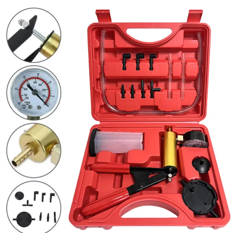 Vacuum pistol pump test kit, portable durable aluminum vacuum gauge manual vacuum pressure pump brake fluid discharge kit