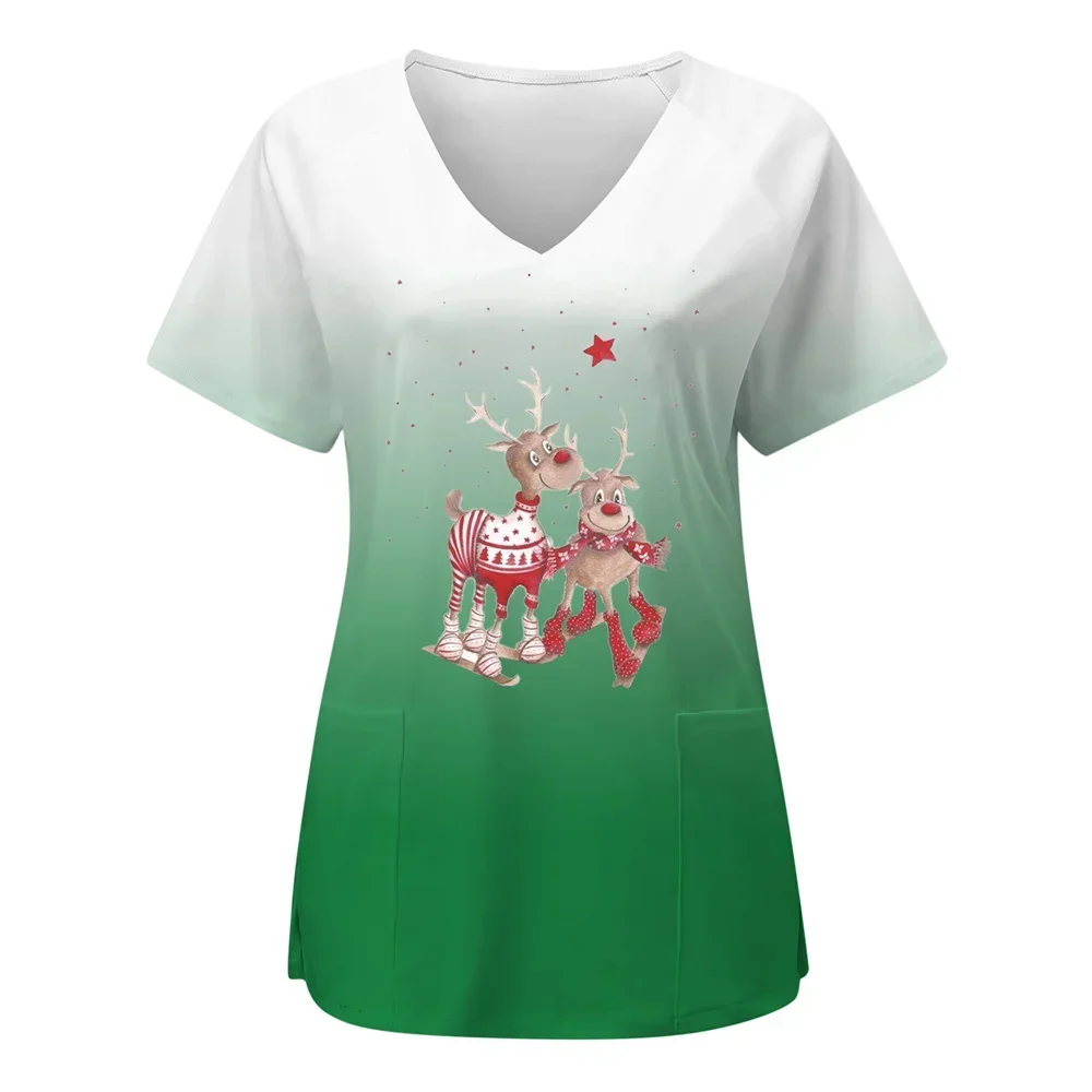 Christmas Santa Print Scrubs Top Short Medical Uniforms Women Pocket Nursing Scrubs Blouse Pet Care Work Shirt camisa enfermagem