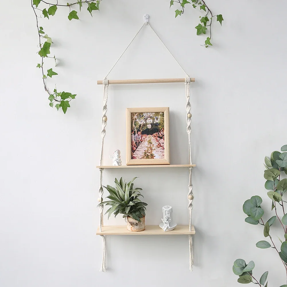 Wooden Wall Shelf Macrame Display Stand Boho Art Home Decoration Floating Shelf Nordic Wall Decor Living Room Nursery Aesthetics