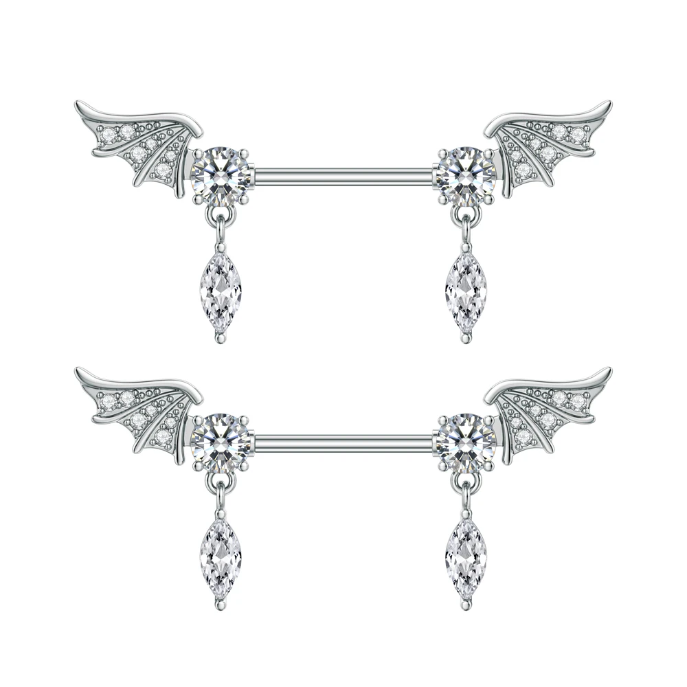 Cross Star Zircon Dangled Shield Bar Nipple Rings, 2pcs Set
