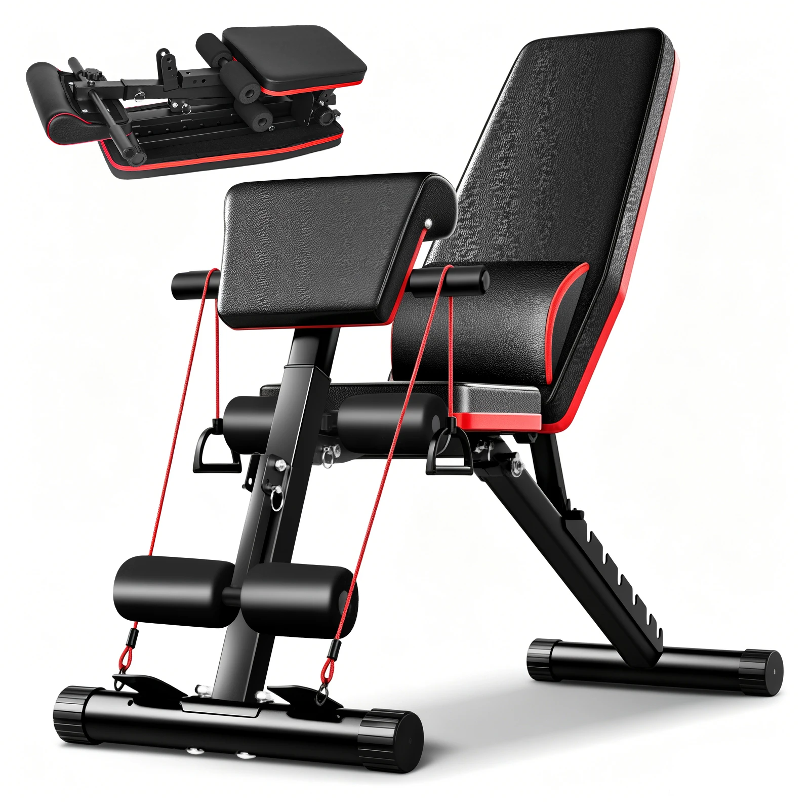 Verstellbare Hantelbank mit 350 kg Tragkraft, Fitnessbank mit Widerstandsband für Krafttraining, Sit-ups und Gym-Workouts