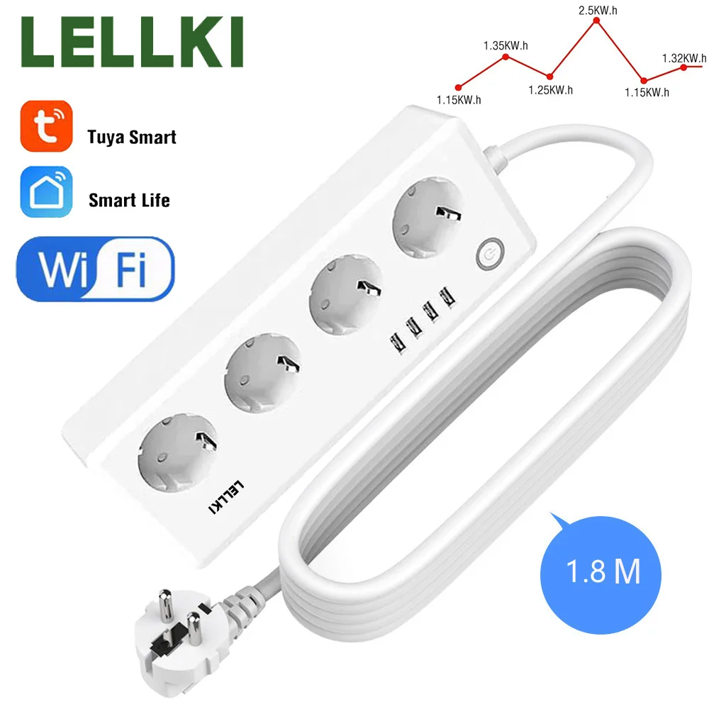 

LELLKI Tuya WiFi Power Strip Energy Monitoring Smart Life Socket 220V 16A EU Plug Voice Control Alexa Google Yandex Alice 1.8M