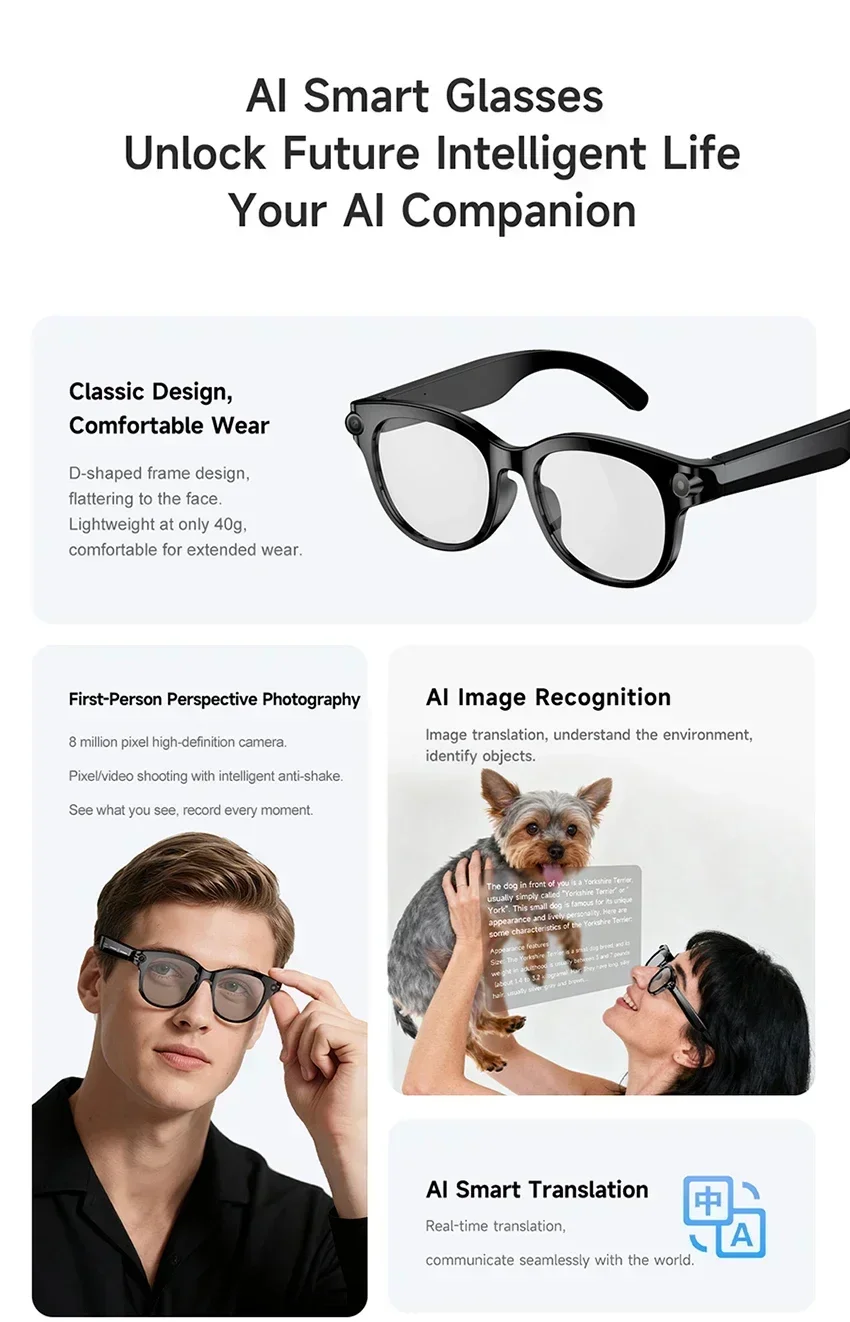 Lenovo ThinkPlus AI Smart-Brille mit Übersetzungsfunktion, Bluetooth, Sprachaufzeichnung, Musikwiedergabe – intelligente Sonnenbrille für Damen und Herren. – Detail 2