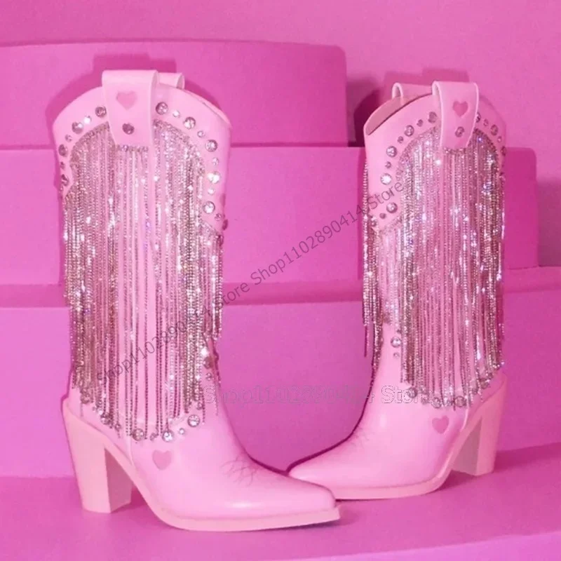 

Pink Crystal Tassels Sewing Design Pointed Toe Boots Side Zipper Women Shoes Strange Style Heel Runway 2025 Zapatos Para Mujere