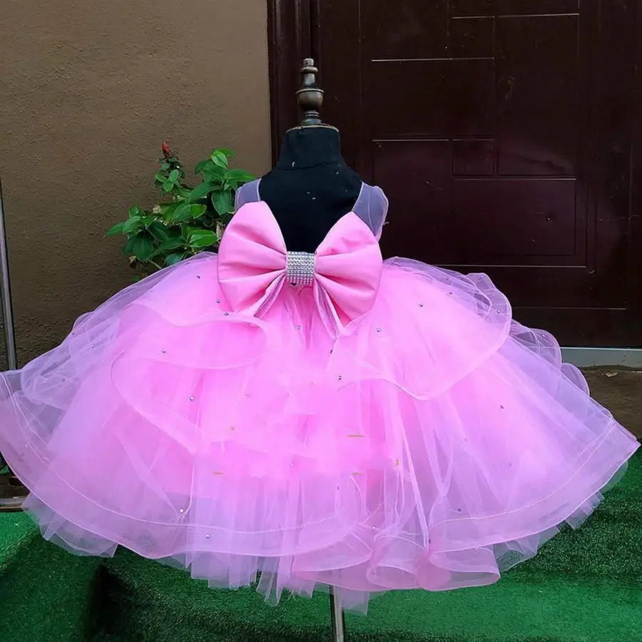 Customized Pink Flower Girl Dresses Tulle Puffy Flory Appliques With Bow Sleeveless For Wedding Birthday Banquet Pageant Gowns