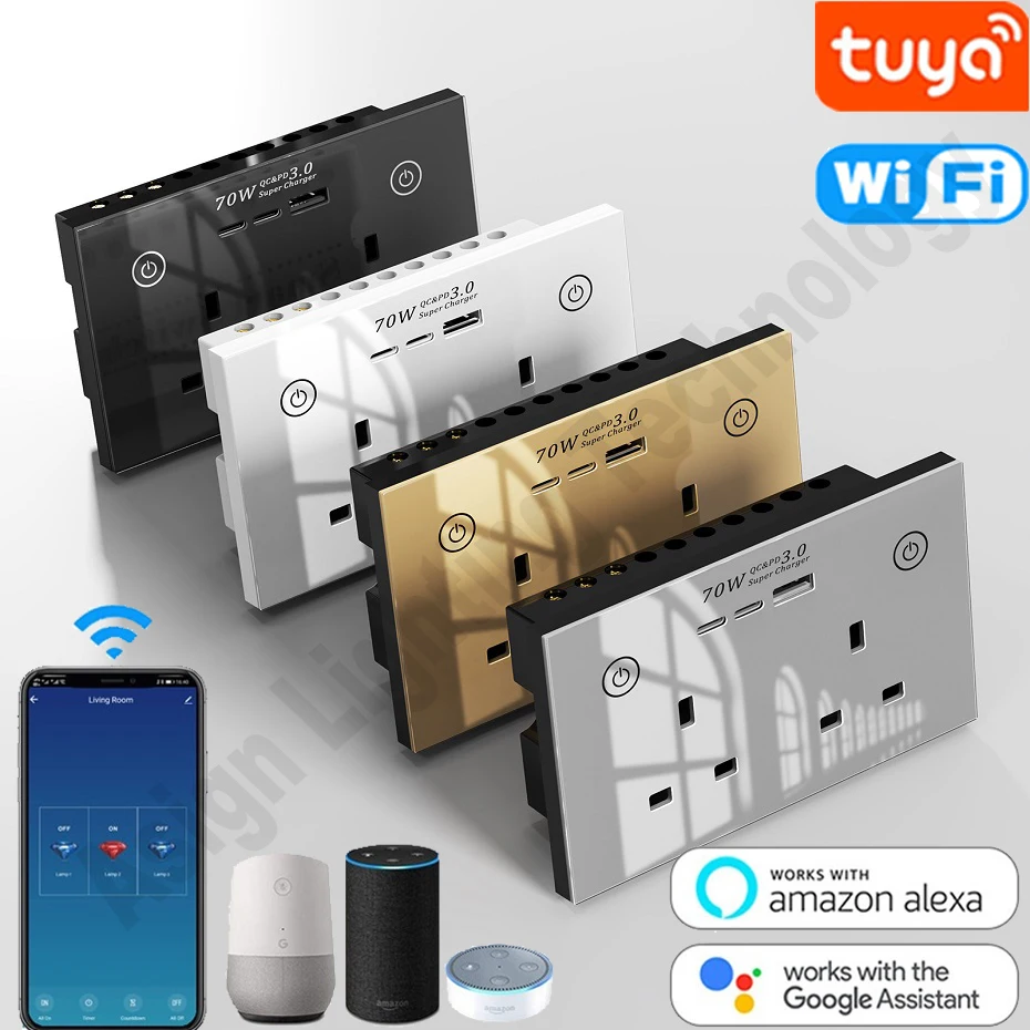 Tuya WiFi Smart UK Plug Double Socket USB Type C PD 70W Charger Wall Socket 16A Outlet Power Touch Switch for Alexa Google Home