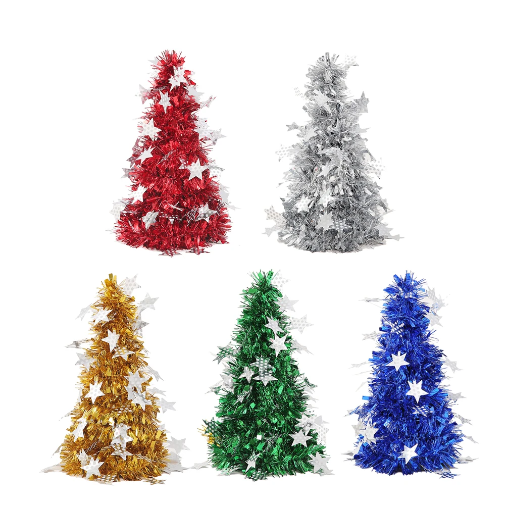 

5 pcs Mini Shiny Metallic Christmas Tree Decorations Desktop Party Ornaments With Pentagram Pendants Golden Silver Red Blue