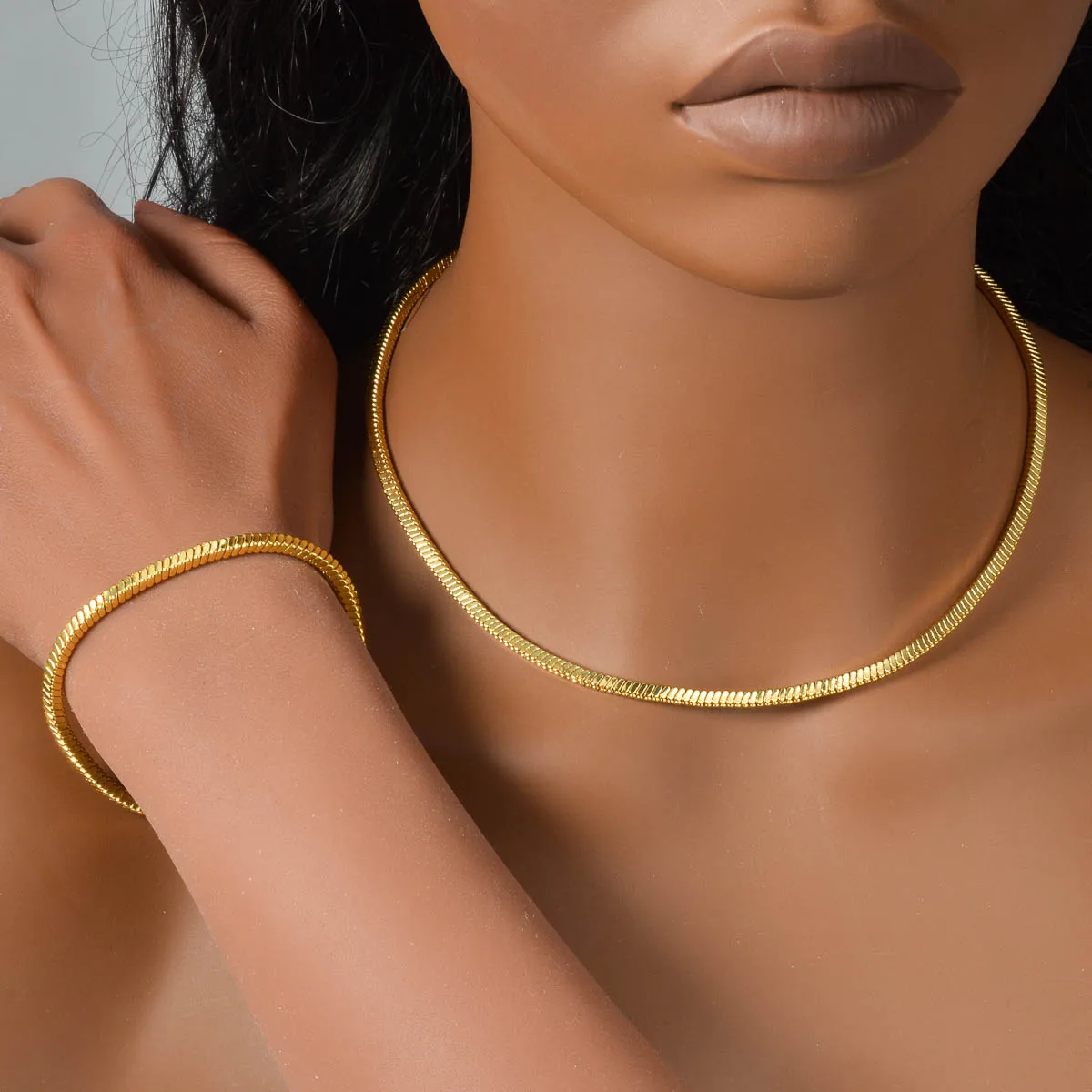 Snake Chain Necklace Bracelet Set Anti-fade Thin Herringbone Chain Jewelry Minimalist Stackable Daily Unisex Statement Accessory