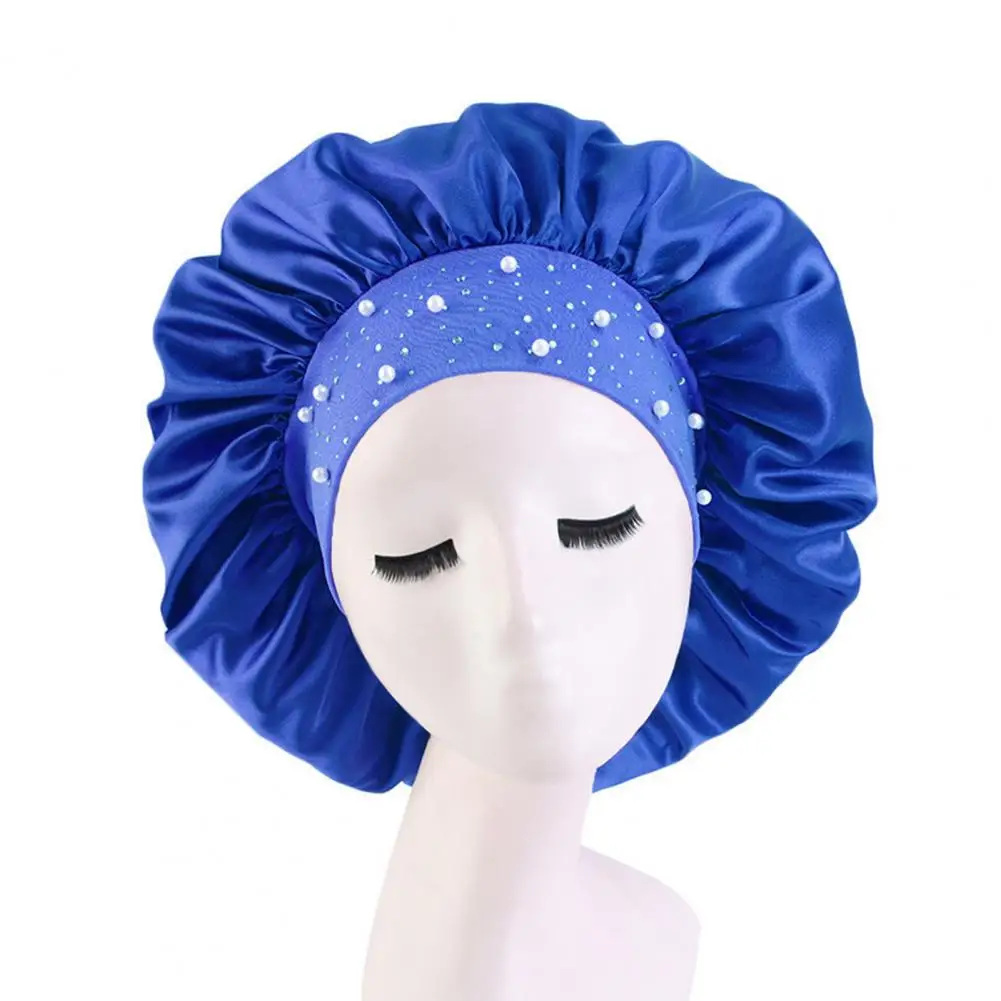 Women Bonnet Cap Solid Color Faux Pearls Rhinestone Elastic Band Bouffant Hat for Hair Salon